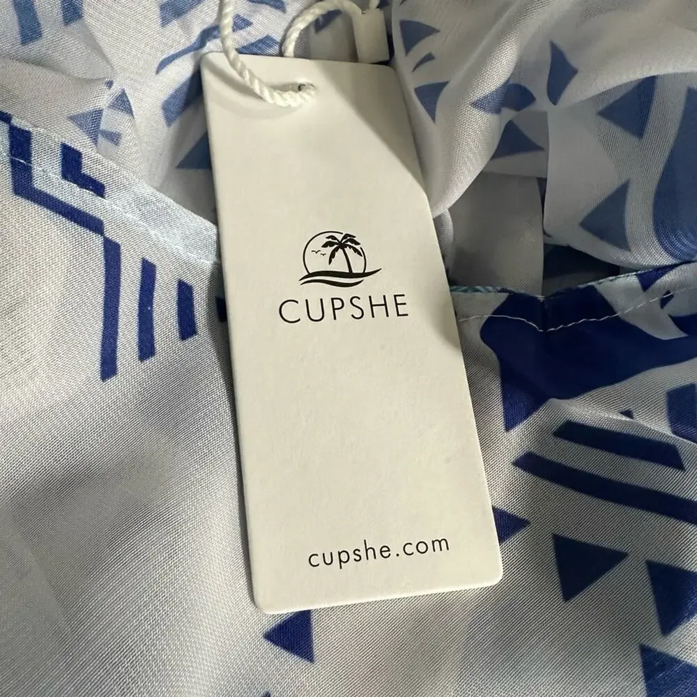 Cupshe NEW Blue White Geometric Print Boho Trim Swimsuit Bathing Suit Cover Up